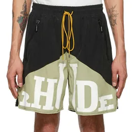 Designer Clothing Rhude Two-tone Patchwork Letter Shorts with Printed High Street Drawstring Loose Casual Five Piece Pants Men Couples Joggers Sportswear