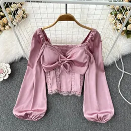 Women's Blouses French Chic Lace Blouse Square Collar Shirts Women Slim Fit Shirt Bows Female Casual Lantern Sleeve Blusas Drop