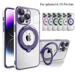 Plating Transparent Phone Case for MagSafe for iPhone 15 14 Pro Max 11 12 13 Promax 14Plus Magnetic Stand Camera Protector Soft Cover