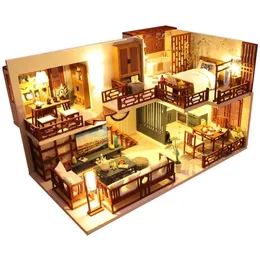 Drewniane lalki Dollhouse Dollhouse Dols Miniature Dollhouse Meble Zabawki dla dzieci Nowy rok świąteczny prezent Casa T200116240F