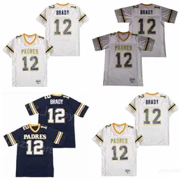 Maglie da calcio della High School Junipero Serra Padres Tom Brady 12 cucite e ricamate traspiranti College Moive Pullover HipHop Blu navy Bianco Grigio Team Retro