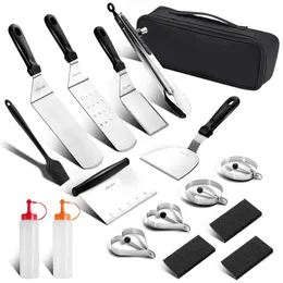 Griddle Accessories Kit 17 Pcs Flat Top BBQ Tools Set with Long/Short Spatulas Scraper Egg Rings - Stainless Steel Grill Cooking Kit for