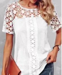 Tshirts masculinos 2023 Casual Spring Summer Mulheres camisas Bloups Color Solid Lace Manga curta Hollow Out elegante Tops 230421