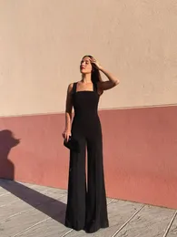 Kobiety Jumpsuits Rompers szeroka noga prosta noga średniej pary czarne spodnie cienki styl luźny kombinezon czarny kombinezon kobiety 230422