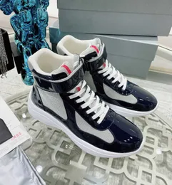 2024 Hot Luxury Designer Men American Cup Shoes High Patent Leather Flat Trainers Black Blue Mesh Lace-up Nylon Casual Shoe Outdoor Sneakers WIth Box size:38-46