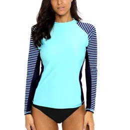 여자 섹시 비키니 수영복 여성 긴 소매 발진 upf 50 선 보호 탑 스트라이프 수영 셔츠