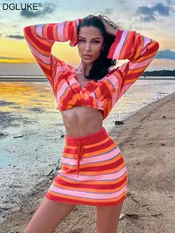 Dress Striped Breed Two -Piece Sets Dames Outfits Zomer Boho Vacation Holiday Outfits For Women 2022 Crop Top en mini -roksets