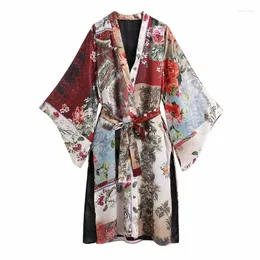 Casacos de Trench das Mulheres 2023 Primavera Verão Vintage Moda Pijama Estilo Patchwork Impresso Kimono Windbreaker Casaco com Cinto