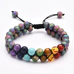 Beaded Colorf 8mm Natural Lava Stone 7 Chakra Mtilayer Armband Dubbelskikt Justerbara armlets för kvinnor Män släpp leverans juvelr dh1eq