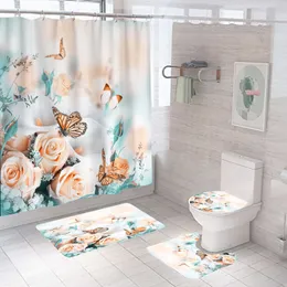 Shower Curtains 3D Print Flowers Bath Curtain Butterfly Bathroom Polyester Fabric Floral Waterproof Screen with Hooks 230422