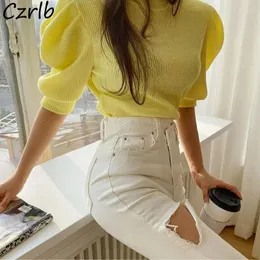 Women's T Shirts Puff Sleeve T-shirts Women Trendy Solid O-neck Leisure Summer Fashion Elegant Cozy Knitted Ladies Tops Minimalist Students