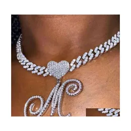 Anhänger Halsketten Anhänger Halsketten Hbp Az Cursive Letter Heart Iced Out Kubanische Halskette Für Frauen Initial Zircon Link Chain Choker Hip Dhdjj