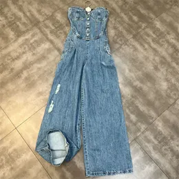 Kvinnors jumpsuits Rompers ZCSMll Strapless Denim Jumpsuit Kvinnas koreanska mode midja Stängande temperament Kvinnliga bredbenbyxor Trend 230422