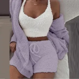 Women's Sleepwear Fluffy Pajamas Set for Women Casual Sleepwear Tank Top and Shorts Plus Size Hoodie Leisure Homsuit Winter Teddy 3 Pieces Pijamas 231122