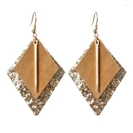 Dangle Earrings 2 Layers Morandi Color Glitter Sequins PU Leather Square Leaf Drop For Women Trendy Shiny Teardrop Jewelry