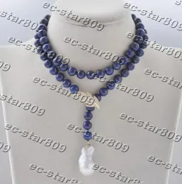 Hänghalsband z11165 25 "25mm blå runda lapis lazuli pärla vit keshi pärlhalsband