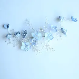 Jóias de cabelo de casamento jonnafe luz azul floral pente de cabelo acessórios de casamento pérolas jóias de cabelo de noiva artesanal feminino ornamentos 231121