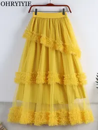 Skirts OHRYIYIE Sweet Cake Tulle Skirt Women Elegant Midi Long High Waist A Line Skirt Female Winter Yellow Green Party Skirt Lady 230422