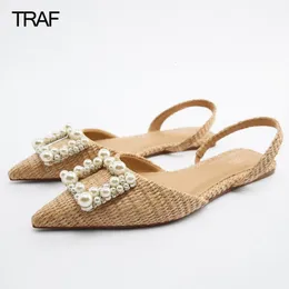 Sandały Traf Flats Espadrilles Pearl Shoes Woman Flat Spring Summer Lets Laties Casual Womens Slingback Niski pięta 230421