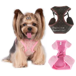Designer Dog Harness Leases Set Classic Jacquard Lettering Step-In Dog Harnesses Soft Air Mesh Pet Vest för små hundar katttekoppvalpar Shih Tzu Poodle Brown XL B89