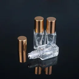 3 ml Parfümflaschen für ätherische Öle, quadratische Rollflasche aus klarem Glas mit Gold-/Silberkappe, Edelstahlrolle Wwtrr