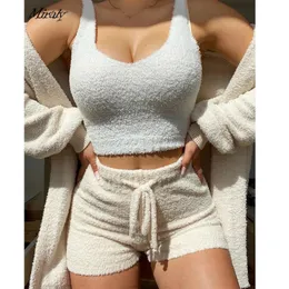 Women's Sleepwear 3 Pieces Suit Pajamas Set Women's Velvet Crop TopShort PantsCoat Warm Soft Fleece Homewear Sleepwear Autumn Winter Cozy Set 231122