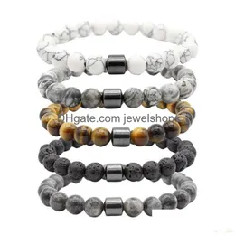 Braccialetti con ciondoli Braccialetti con ciondoli Coppia Uni naturale Ematite magnetica Pietra preziosa Perline Pietra lavica Perline Bracciale elastico Drop Deliv Dhpu8