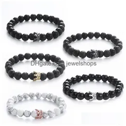 Bracciale con perline a forma di corona di zirconi cubici con perline Bracciale da uomo con lava vulcanica nera Reiki Guarigione Nce Strand Preghiera del Buddha Pietra naturale Yoga per goccia Dhdsn