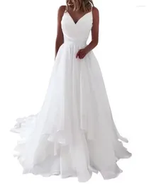 Party Dresses Elegant Strap White Tiered Wedding Dress Chiffon A-Line Bridal 2023 Classic Formal Evening Clown V-hals Vestidos de Noche