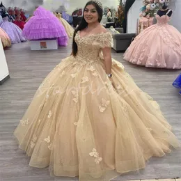 Księżniczka Złoto Sukienki Quinceanera z motylem Shine Blask Słodka 16 urodzin sukienka koronkowa uprawy vestidos de xv 15 anos szesnaście na specjalne okazje