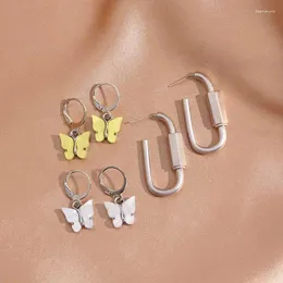 Baumelnde Ohrringe JUST FEEL 3 Paare/satz Silberfarbene Schnalle Geometrischer Tropfenohrring Niedliche Zwei-Schmetterling-Sets Mode Kreativer Schmuck