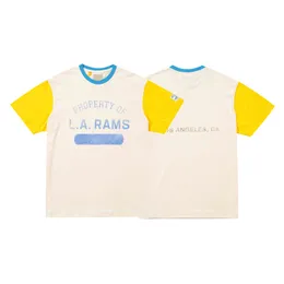 23SS Summer USA Plus Boyut Tee T Shirt Sıradan Vintage Premium Street Giyim Büyük Boy Pamuk Kısa Kollu Erkekler Unisex Renk Blok Tshirt