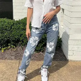 Jeans femininos primavera algodão estético flor impressão mulheres casual cintura alta todo o jogo hipster skinny denim streetwear calça feminina