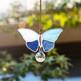 Trädgårdsdekorationer H D Stained Glass Butterfly Suncatcher med 20 mm Crystal Ball Rainbow Window Wall Art Hanging Pendant Souvenir Collections Gift 230422