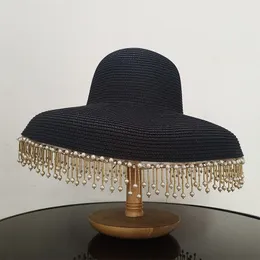 Breda Brim Hats Buckets Sun Homemade Fashion Hepburn Fringe Pearl Straw Party Travel Vintage Wind Clock Summer 230421