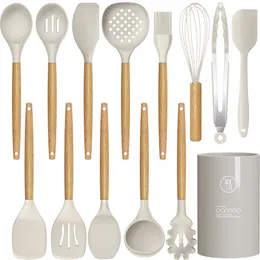 Силиконовая кулинарная посуда набор кухонной посуды - 446 ﾰ F Теплостойкость, Тернер Тонд, лопаточка, ложка, кисть, венчика. Деревянная ручка Khaki Kitchen G