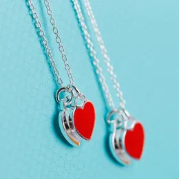 Designer halsband 925 Silver T Love Halsband Kvinnor Pink Blue Emamel CollarBone Chain Double Love Heart Necklace Pendant