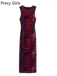 Casual Dresses 2023 Women Spring Fashion Young Style Tie Dye Print Folds Tulle Long Dress Sexy Slim Chic Sleeveless Vestidos De Moda