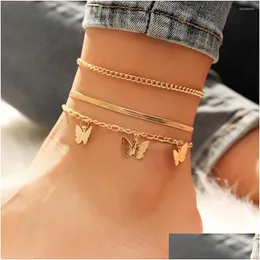 Anklets 3pcs Bohemian Gold Butterfly Chain Set Women Girls Fashion MTI-Layer Anklet Foot ANKLE BRACELET BEEWELRY DROP DH5UX