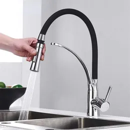 Chrome Rubber Kitchen Faucet Mixer Tap Rotation Pull Down Stream Sprayer Taps Cold Water Tap with Single Handle Kitchen Tap257c