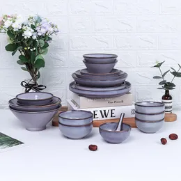 Conjuntos de utensílios de jantar lingao cinza roxo vintage trocar tigela de cerâmica e conjunto de pratos