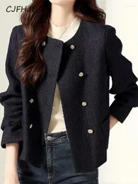 Jaquetas femininas cjfhje duplo breasted recortado tweed primavera casual coreano curto outwear vintage streetwear casaco moda preto abrigo