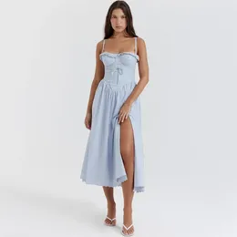 Casual Dresses Mingmingxi Summer Midi Vacation Dress Blue Lace Spaghetti Strap Crochet Elegant High Split Birthday Party 2023