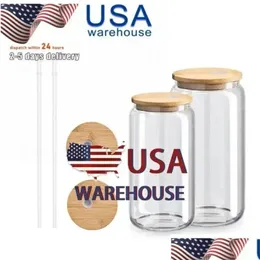 Mugs USA CA Stock 16oz Glass Clear Frosted Bamboo Lid Mason Jar Cups Water Bottle Tea Coffee Tumblers Sublimation Blanks Diy Gifts Dro Dhrfi