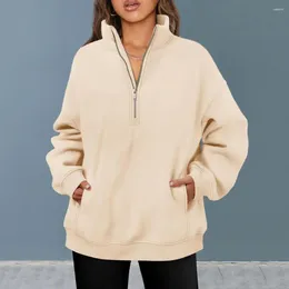 Kvinnors hoodies Elegant fashionabla tröja Stylish Winter Hoodie Warm Windproof Pullover With Half Zip Stand Collar Pocket Women