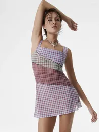 Casual Dresses Plaid Patchwork Sexy Women Camisole Mini Square Collar Sleeveless A Line Vestidos Female Streetwear Elegant Ladies Dress