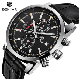 Benyar New Fashion Chronograph äkta lädersport Mens Watches Top Brand Luxury Military Quartz Watch Clock Relogio Masculino252r