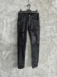 Jeans da uomo Toppa a coste in pelle da uomo elasticizzata skinny cerata nera