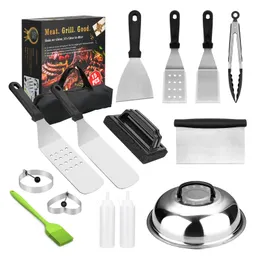 BBQ Grill Tool Set, rostfritt stål grepp grilltillbehör för utomhuscamping, platt toppstatsillbehörssats med spatel, basting co