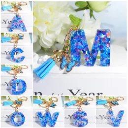 Initialletter KeyChain Harts Blue Love Handmased Crystal Epoxy Butterfly Tassel Keychain Pendant for Women Girls